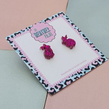 Hot Pink Rabbit Glitter Resin Stud Earrings, 2 of 4