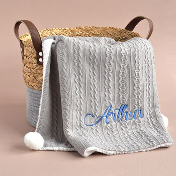 Personalised Grey Knitted Blanket With Pom Pom, 10 of 10