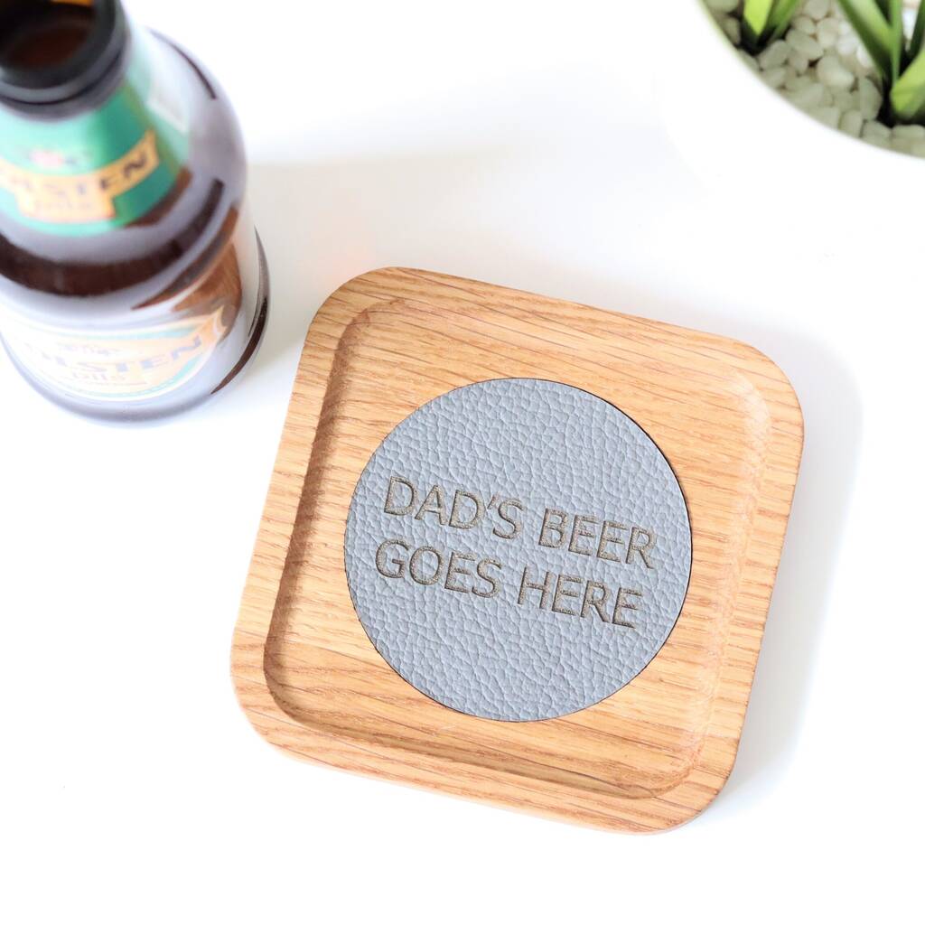 Personalised Solid Oak And Leather Coaster, 1 of 11