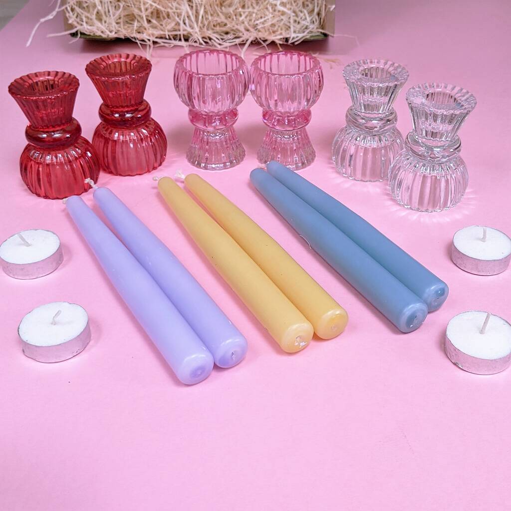 Coloured Double Ended Candlesticks And Candles Gift Set By Dolly's