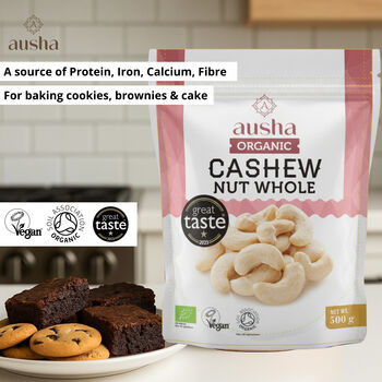 Ausha Organic Cashew Nuts 500g Whole Great Taste Award UK Certified Organic By Soil Association, 4 of 6