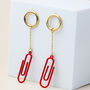 Red Paperclip Playful Dangle Gold Stud Earrings, thumbnail 2 of 3