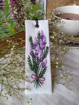 Hand Embroidered Buddleia Flower Linen Bookmark, 4 of 7