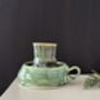 Handmade Porcelain Espresso Cup And Saucer Green Glaze With Sculptural Details, thumbnail 3 of 7