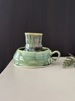 Handmade Porcelain Espresso Cup And Saucer Green Glaze With Sculptural Details, 3 of 7