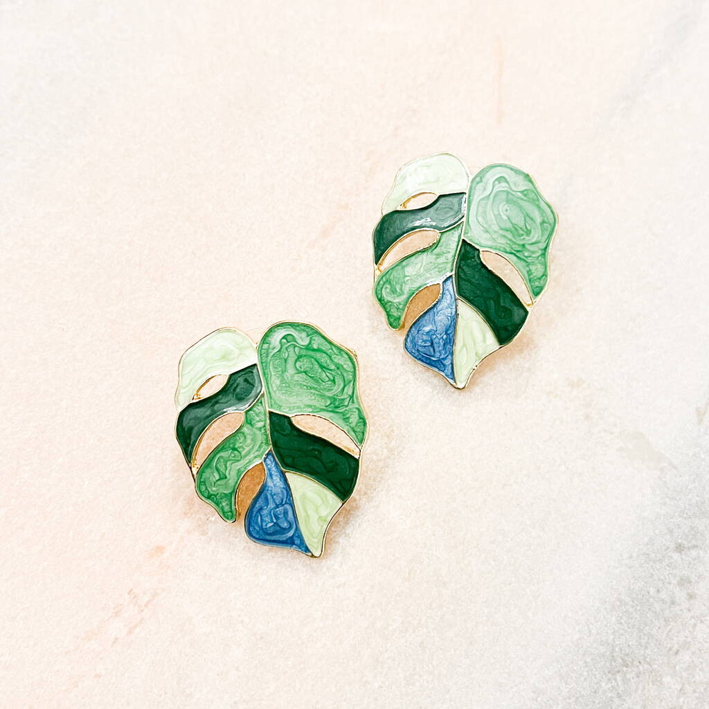 Large Monstera Leaf Garden Enamel Earrings