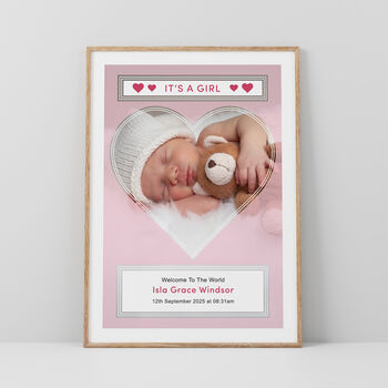 New Baby Girl Photo Print Personalised New Baby Gift ‘It’s A Girl’, 2 of 6