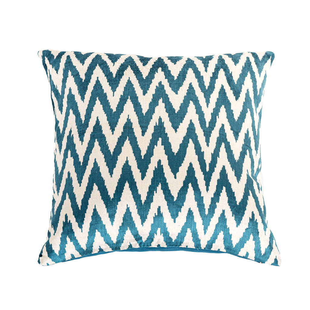 Blue Zig Zag Silk Ikat Velvet Cushion Cover 50x50cm By