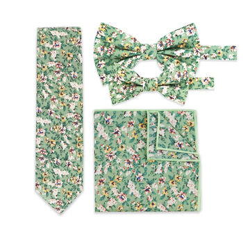 100% Cotton Handmade Floral Wedding Tie Green, 3 of 4