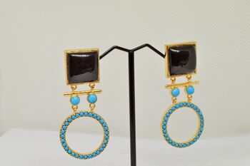 Black Onyx, Turquoise Gold Drop Earrings, 5 of 6