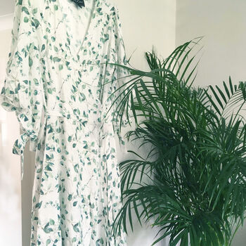 Anna Linen Blend Wrap Dress With Leaf Print, 6 of 9