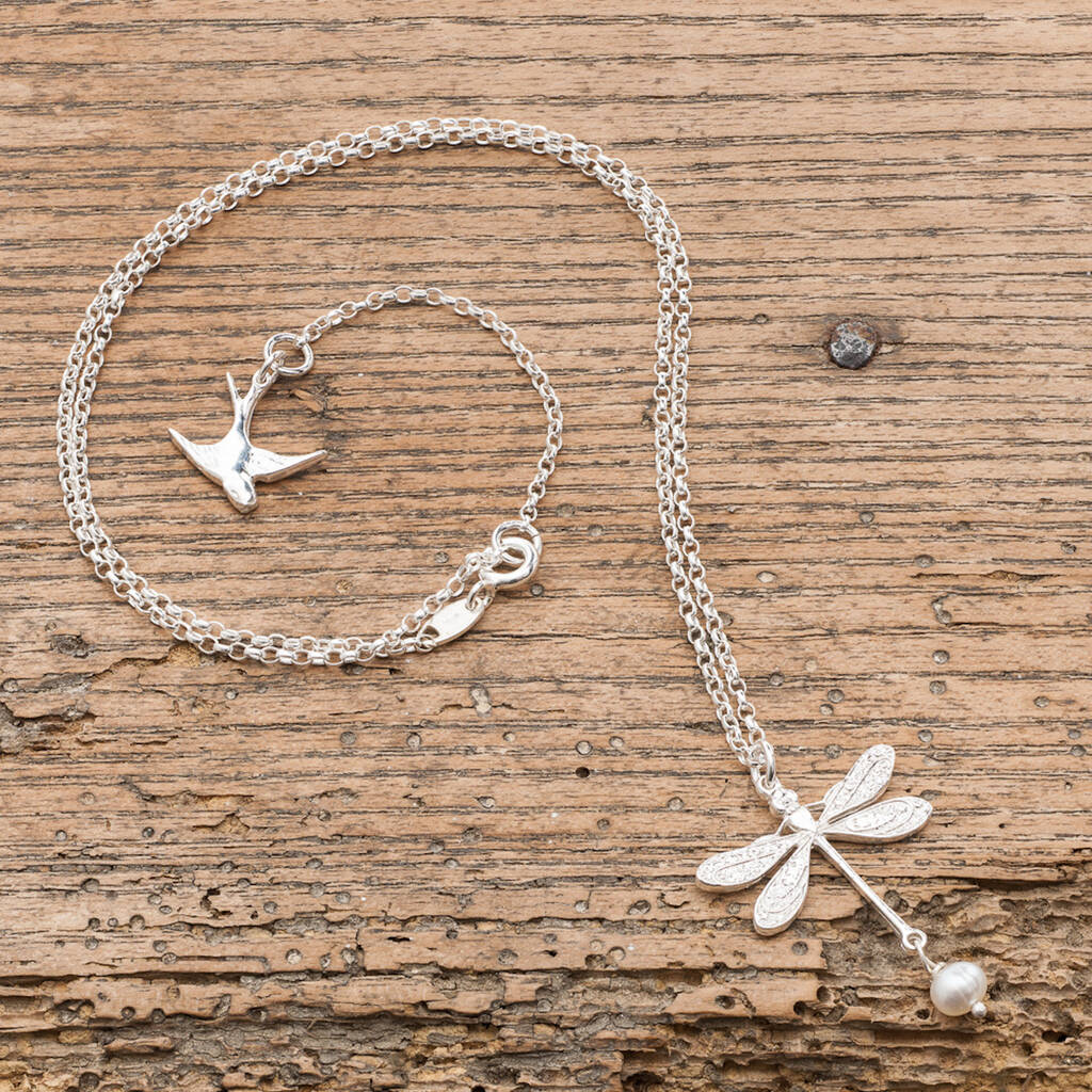 Silver Dragonfly Necklace With Freshwater Pearl, 1 of 3