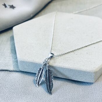 Sterling Silver Two Feather Pendant Necklace, 2 of 4