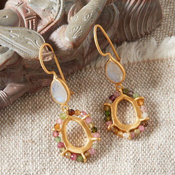 Moonstone Teardrop Tourmaline Beaded Drop Earrings, 6 of 8