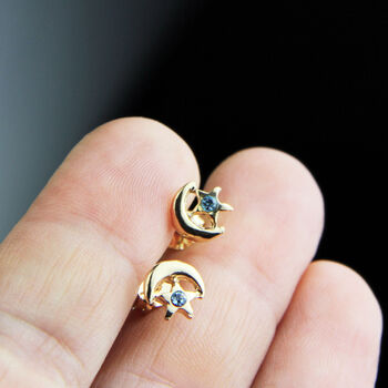 Moon And Star With Blue Diamante Stud Earrings, 2 of 9