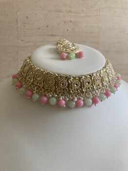Green And Pink Pearl Lightweight Gold Plated Indian Set, 3 of 9