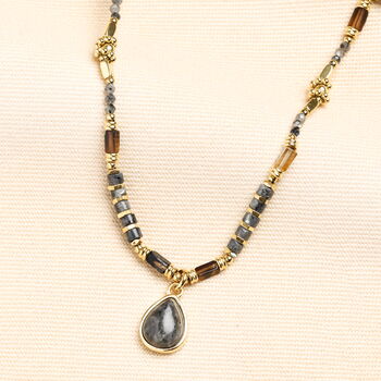 Semi Precious Black And Grey Beaded Pendant Necklace In Gold Plating, 2 of 7