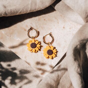 Sunflower Charm Gold Hoop Earrings, 3 of 5