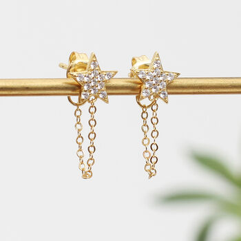 18ct Gold Plated Or Silver Star And Chain Stud Earrings, 2 of 9