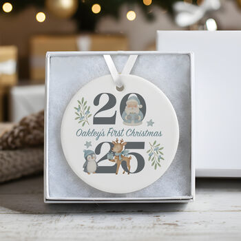 Personalised 2025 Baby's First Christmas Ceramic Bauble In Red, Pink Or Blue, 8 of 9