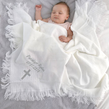 Personalised Baby Christening Silver Embroidered Shawl, 3 of 12