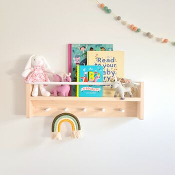 Nursery Shelf With Rail And Pegs For Nursery Wall Decor, 7 of 11