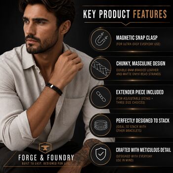 Men’s Adjustable Black Double Leather And Bead Bracelet – 12mm Woven Design With Black Stainless Steel Clasp, 7 of 7
