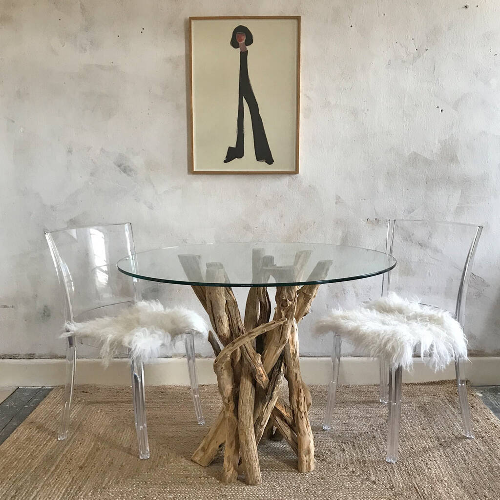 Four Seater Driftwood Round Dining Table With Glass Top By Doris Brixham