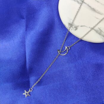 Long Moon Star Y Shape Interlock Lariat Necklace, 2 of 5
