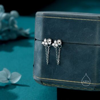 Tiny Three Dot Trio Chain Earrings In Sterling Silver, 2 of 11