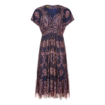 Lace Tea Dress In Pink With Contrast Deep Blue Lining, 2 of 3