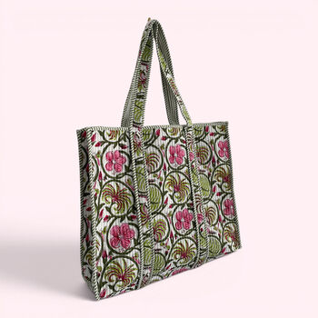 Green And Pink Floral Quilted Cotton Tote Bag, 2 of 5