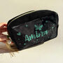 Personalised Velvet Travel Make Up Bag With Green Glitter Name – Embroidered Sun, Moon And Stars, thumbnail 4 of 10