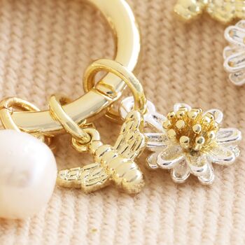 Daisy Pearl And Bee Charm Hoop Earrings In Gold Plating, 6 of 9