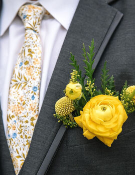 Wedding 100% Cotton Floral Print Tie Yellow And White, 4 of 5