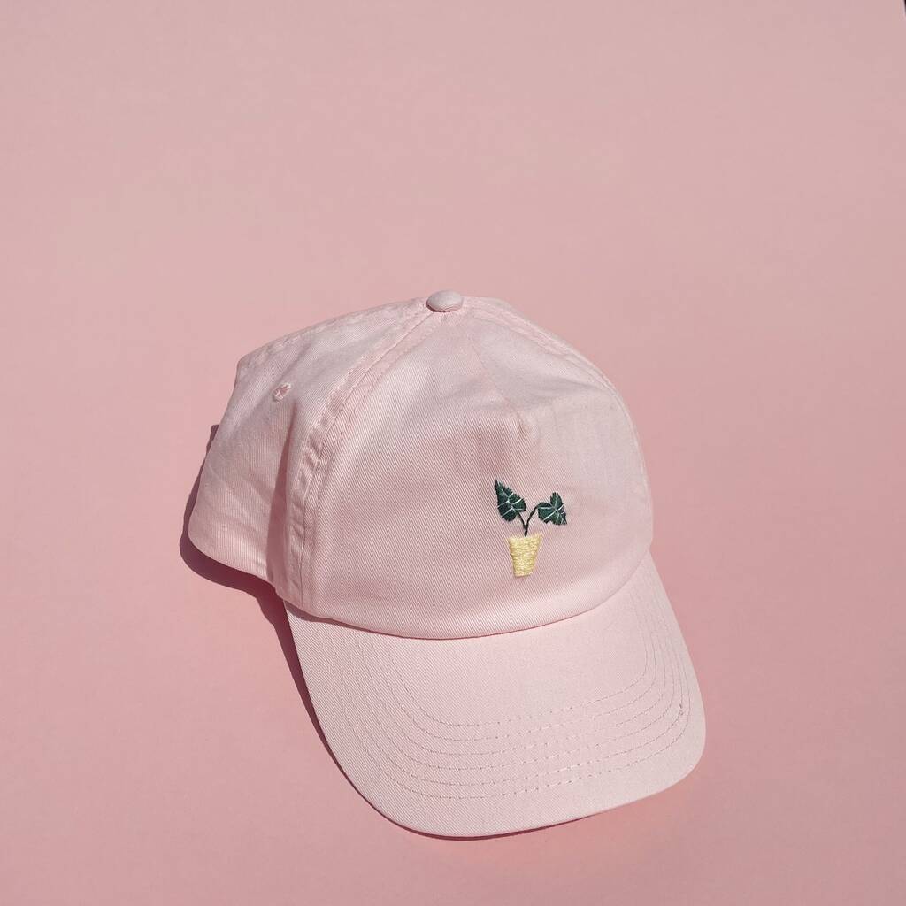 Hand Embroidered Pastel Pink Cap With Plant By Lecia Lou Embroidery