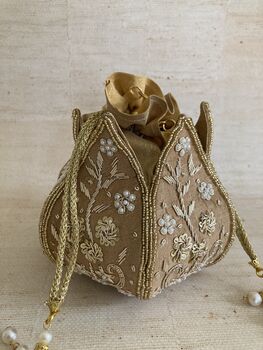 Gold Handcrafted Raw Silk Potli Bag/Wrist Bag, 6 of 8