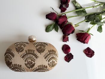 Valeria Gold Embroidered Embellished Oval Clutch Bag, 5 of 8