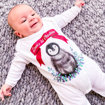 Personalised Cute Penguin 1st Christmas Sleepsuit, 3 of 5