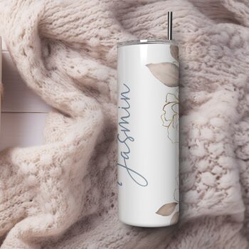 Custom Elegant Blue And Gold Floral Insulated Bottle Tumbler, 2 of 5