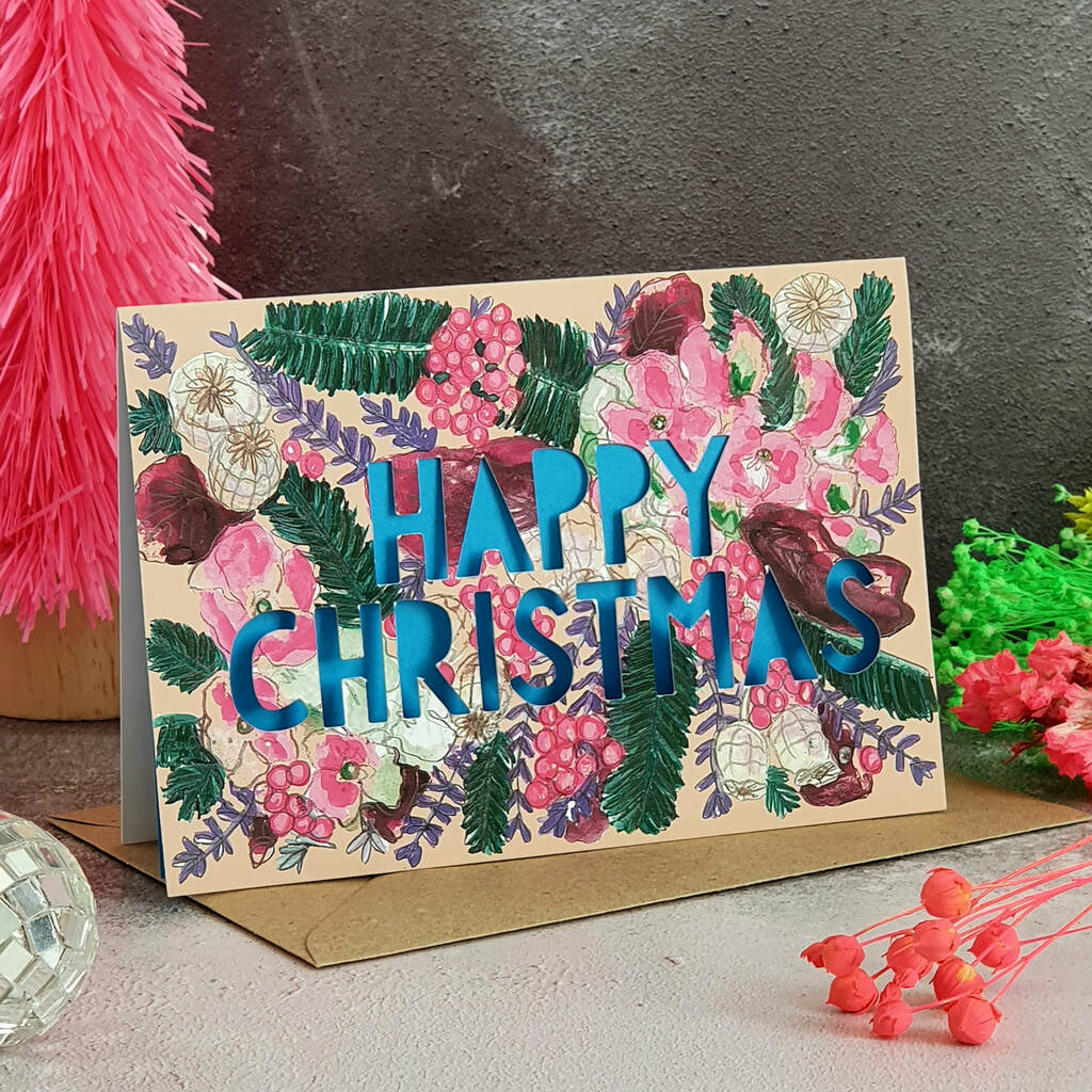 Happy Christmas Neon Floral Papercut Christmas Card, 1 of 5