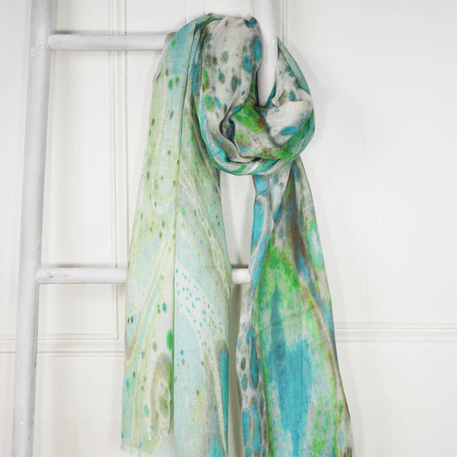 Chalcedony Aqua Marble Print Wool Silk Scarf By Edition de Luxe ...