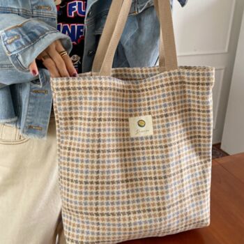 Beige Houndstooth Flannel Large Tote Bag For Women, 2 of 9