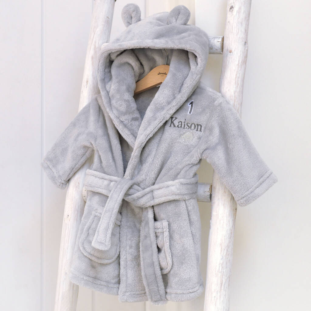 Personalised Grey Baby Dressing Gown With Ears And Age By elimonks