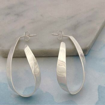 Ribbon Teardrop Curved Sterling Silver Hoop Earrings, 3 of 11