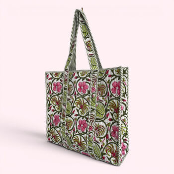 Green And Pink Floral Quilted Cotton Tote Bag, 3 of 5