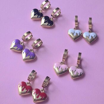 White Drip Enamel Heart Huggies In Stainless Steel, 2 of 3