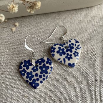 Blue Flower Ceramic Heart Earrings, 4 of 10