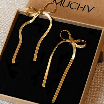 Women’s Bow Stud Earrings With Herringbone Chain In 18k Gold, Bridesmaid, Party Jewellery, 2 of 5
