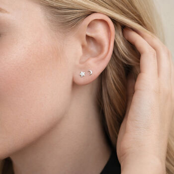 5mm Sterling Silver Mismatched Moon And Star Stud Earrings, 2 of 4